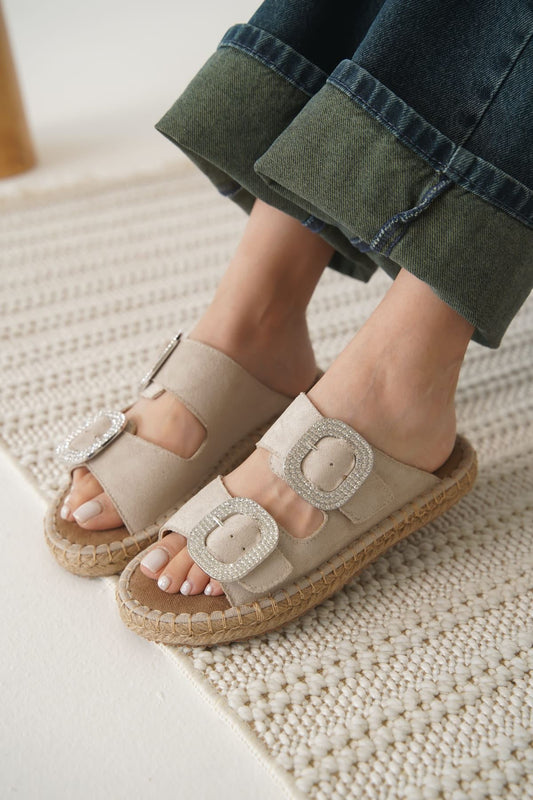 Tyna Premium Suede Beige Stoned Women's Slippers