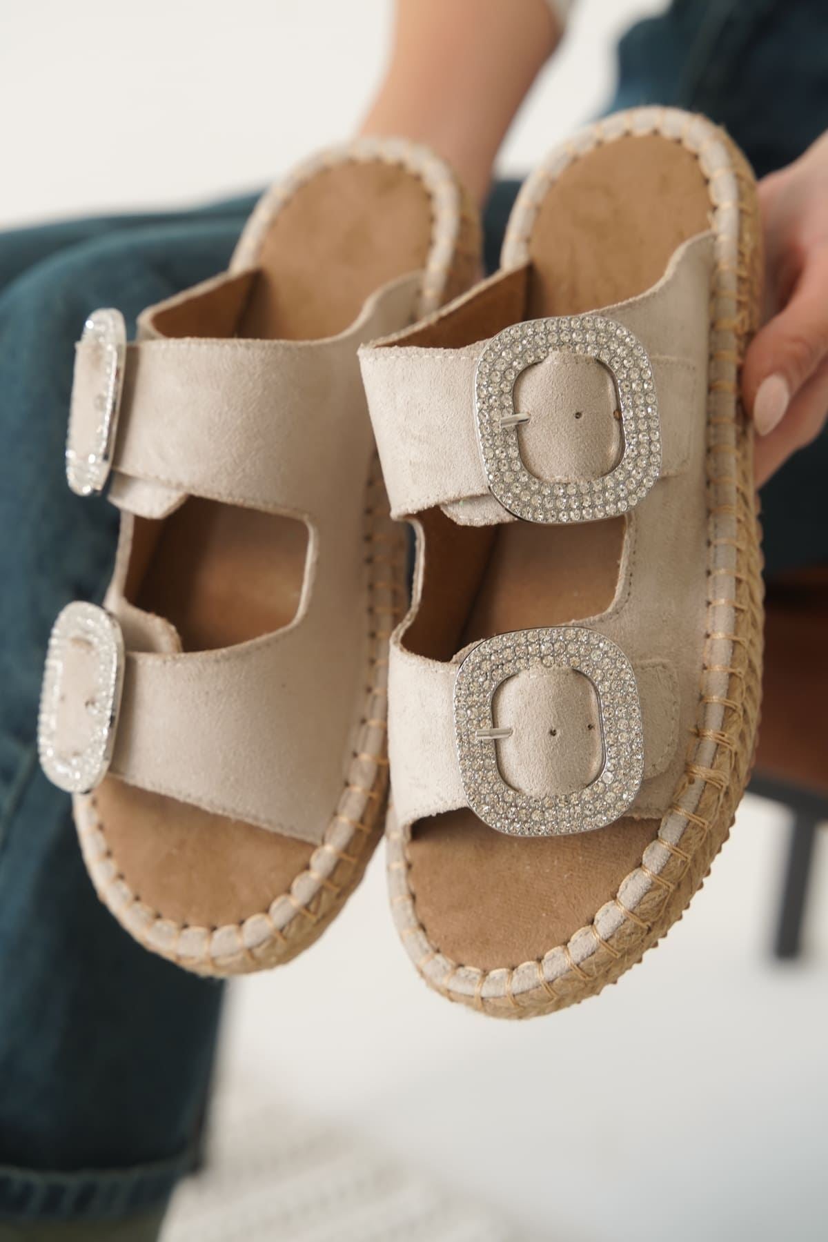 Tyna Premium Suede Beige Stoned Women's Slippers