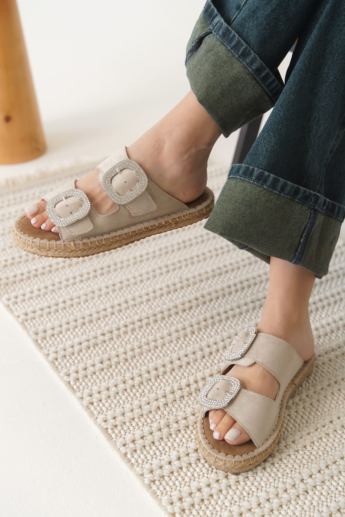 Tyna Premium Suede Beige Stoned Women's Slippers