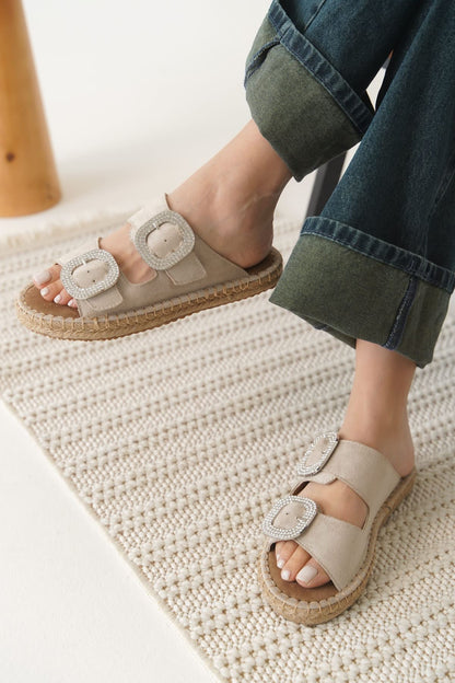 Tyna Premium Suede Beige Stoned Women's Slippers