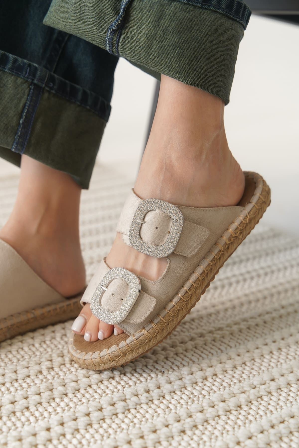 Tyna Premium Suede Beige Stoned Women's Slippers