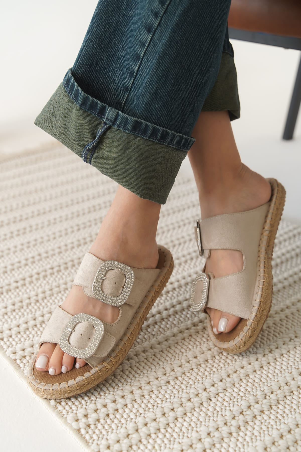 Tyna Premium Suede Beige Stoned Women's Slippers