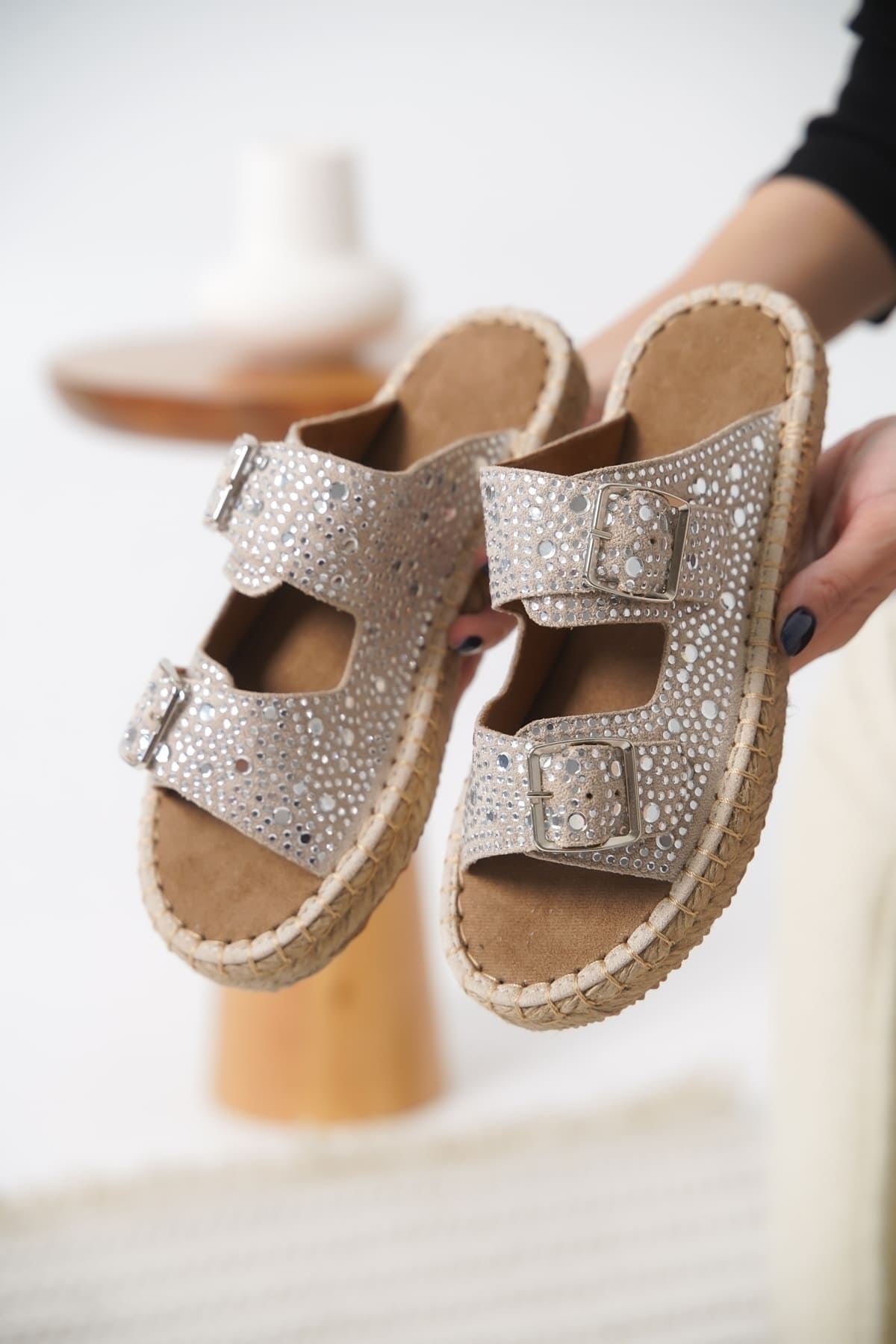 Tyna Premium Suede Gray Stoned Women's Slippers