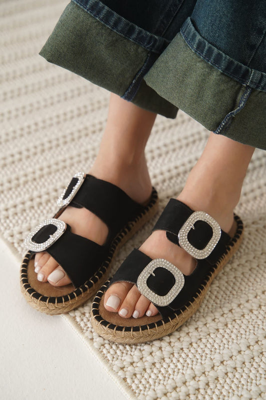Tyna Premium Suede Black Stoned Women's Slippers