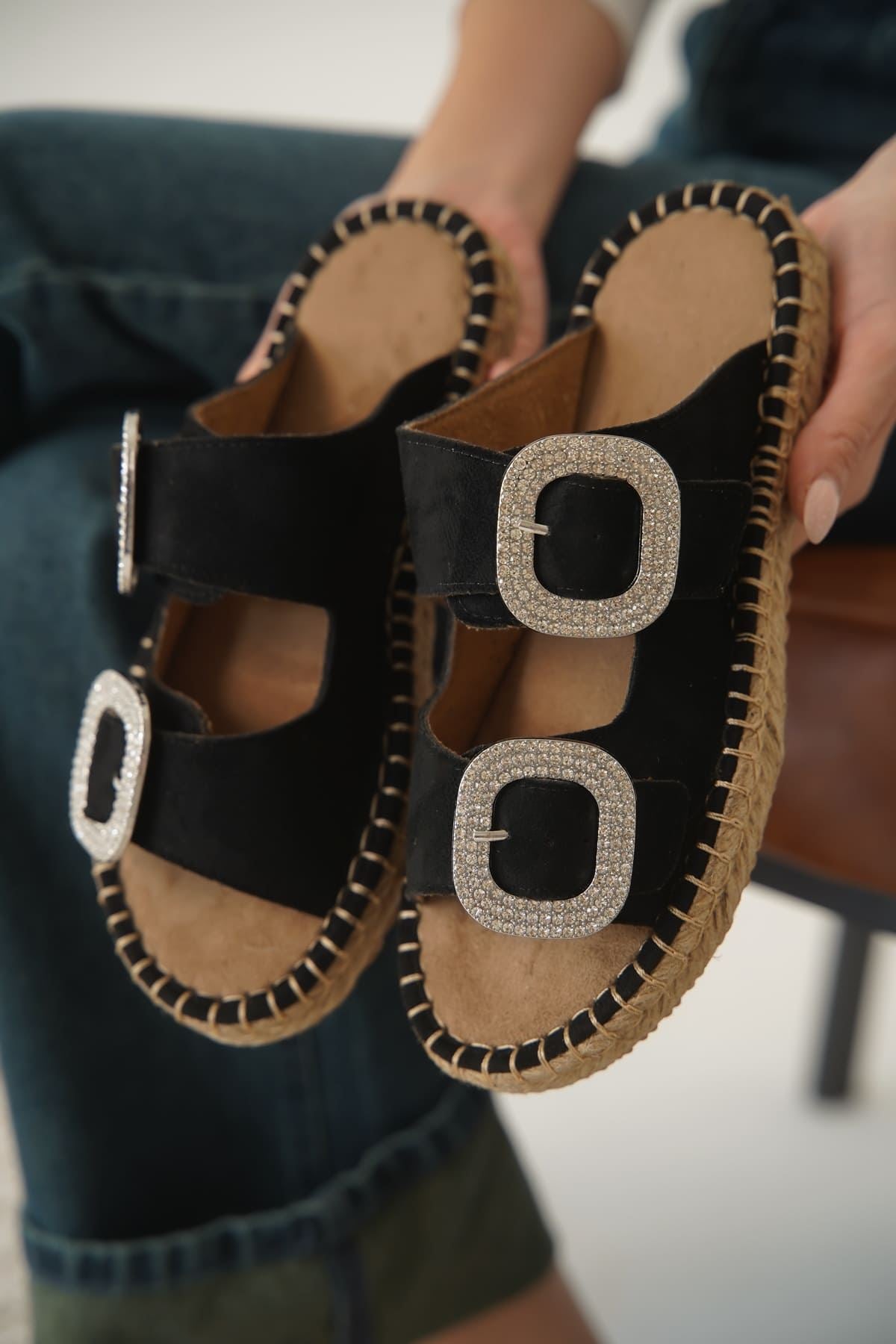 Tyna Premium Suede Black Stoned Women's Slippers