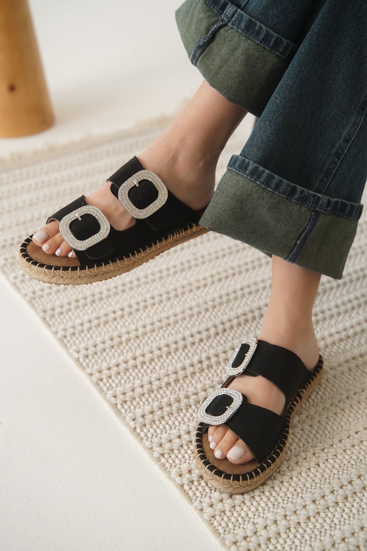 Tyna Premium Suede Black Stoned Women's Slippers