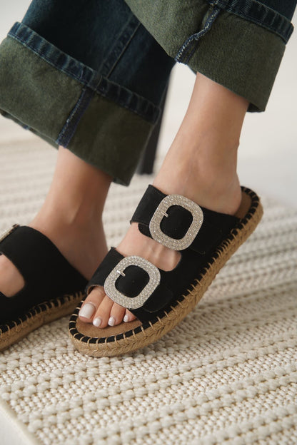 Tyna Premium Suede Black Stoned Women's Slippers