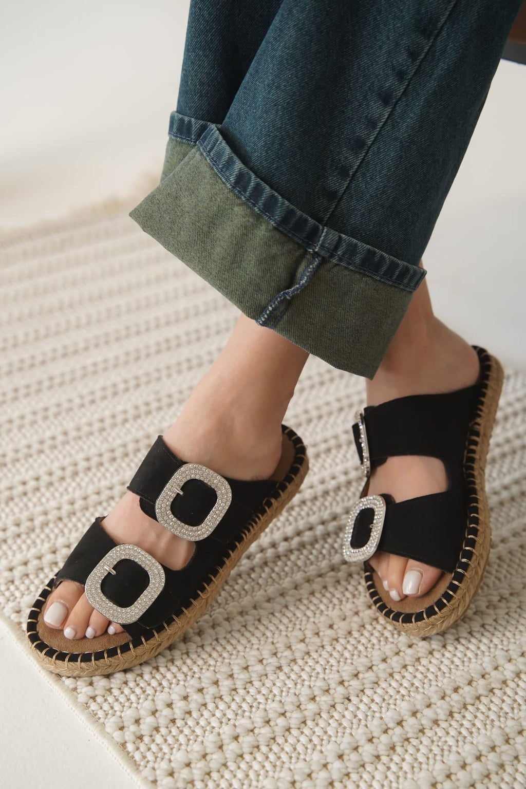 Tyna Premium Suede Black Stoned Women's Slippers