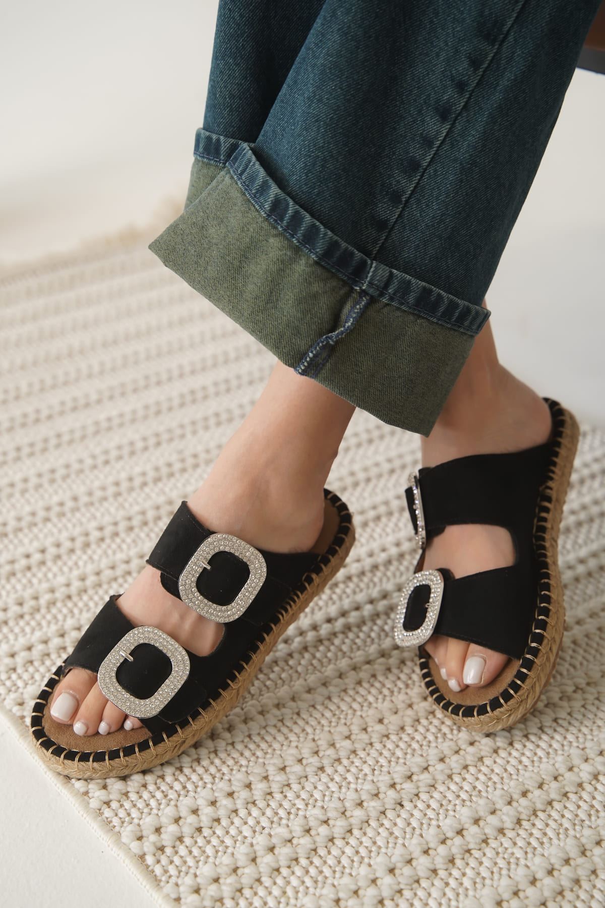 Tyna Premium Suede Black Stoned Women's Slippers