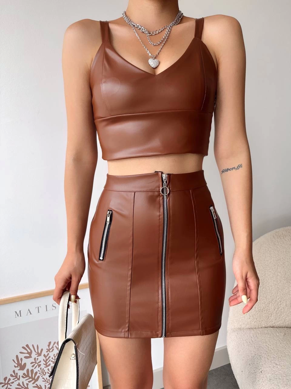 Üç Fermuarlı Deri Etek Kahve