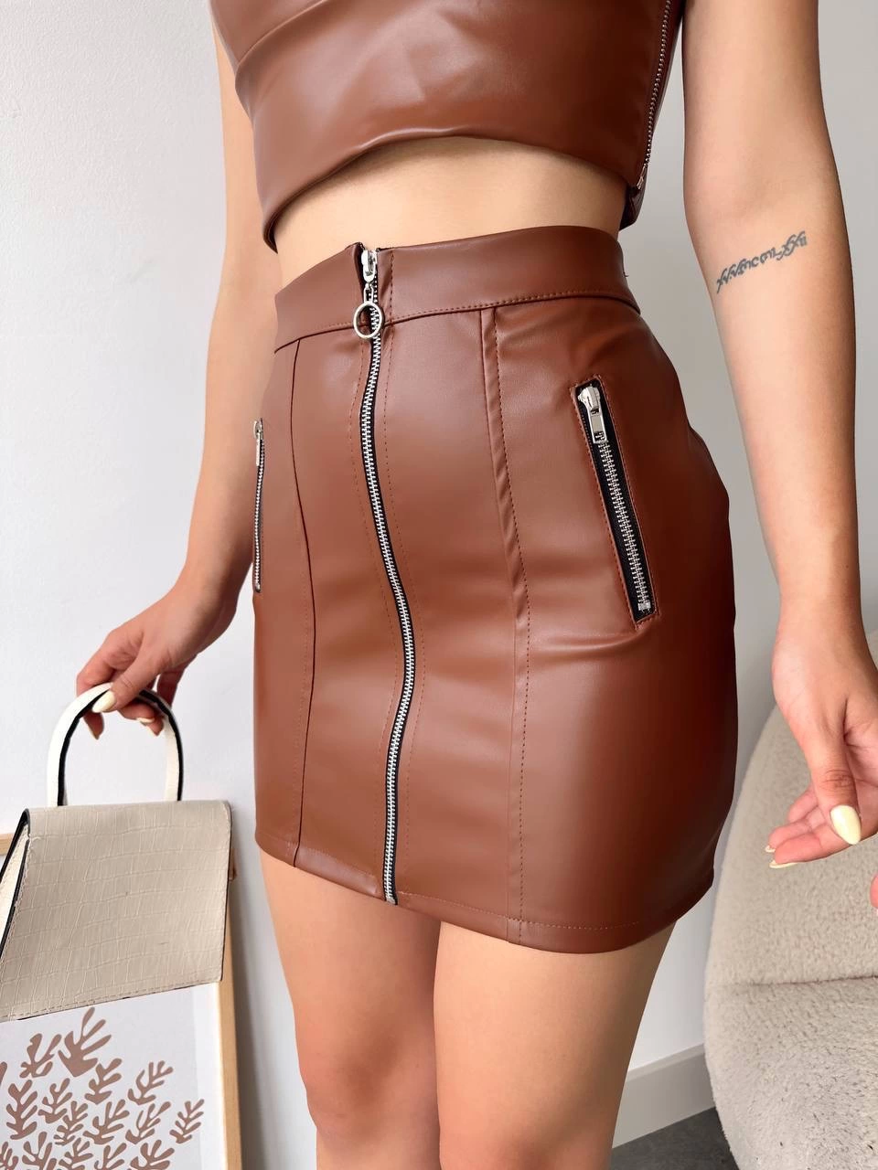 Üç Fermuarlı Deri Etek Kahve