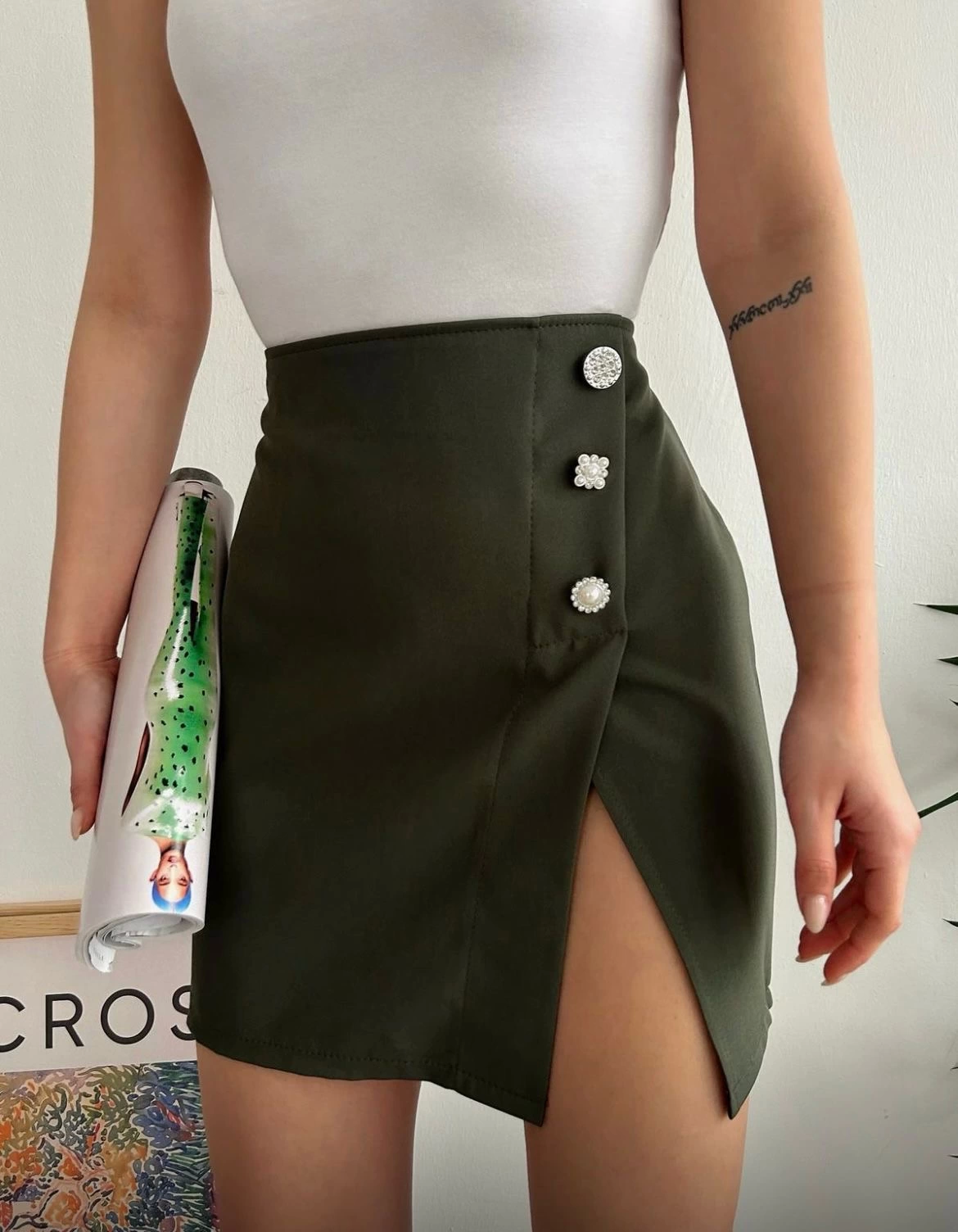 Üç Taşlı Fashion Mini Etek Haki