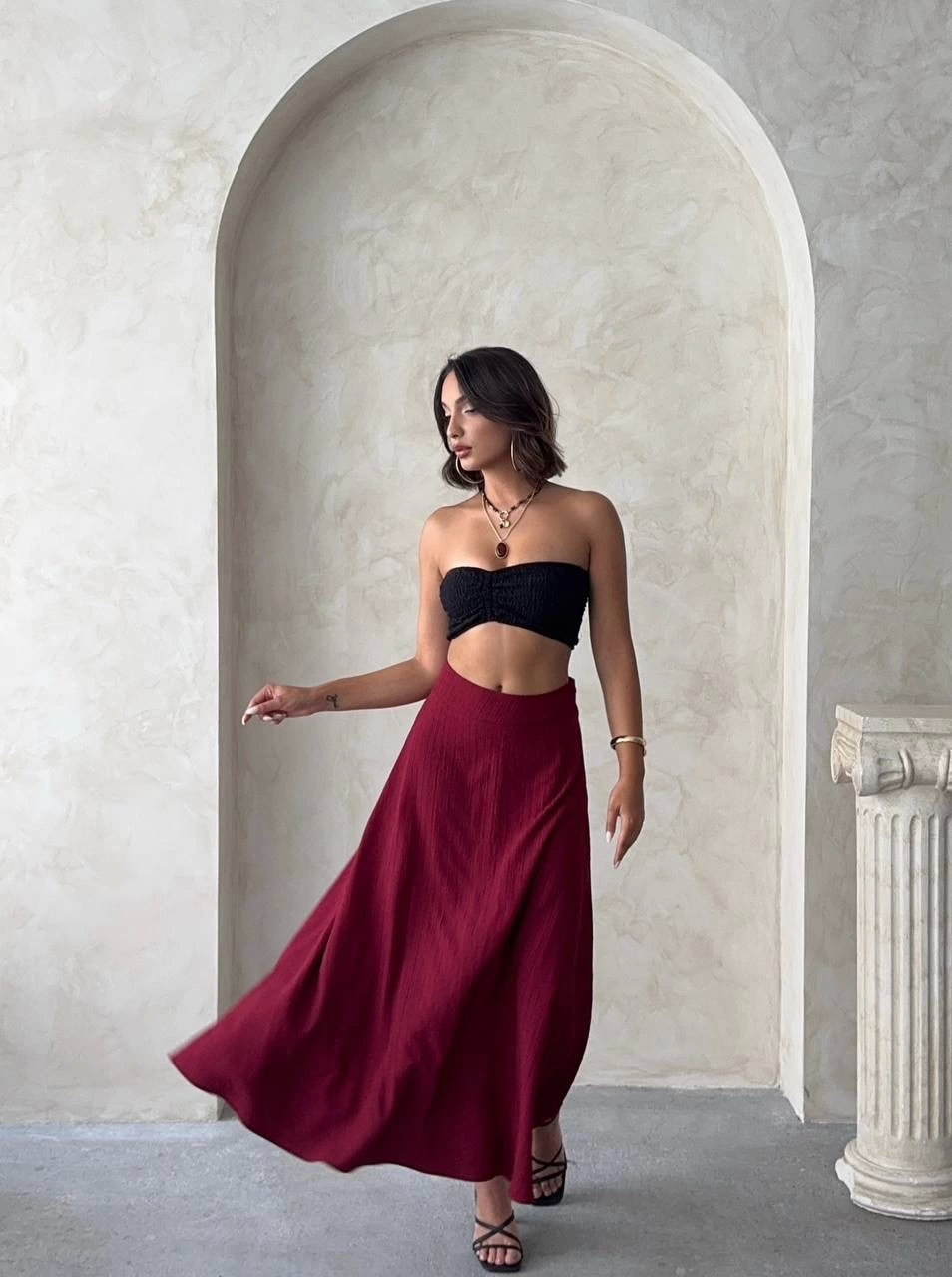 Uzun Astarlı Bordo Etek