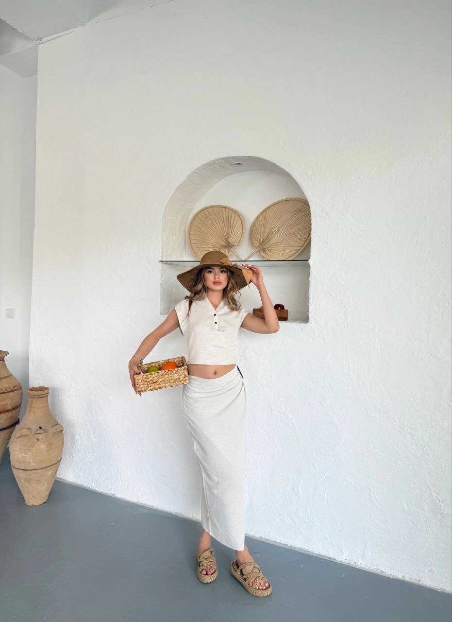 Long Skirt Blouse Linen Suit Cream