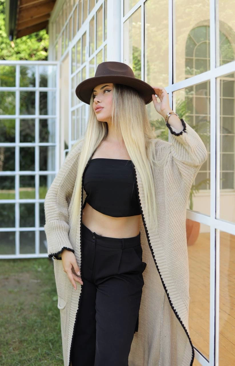 Long Hijab Cardigan Shepherd Stitch Beige