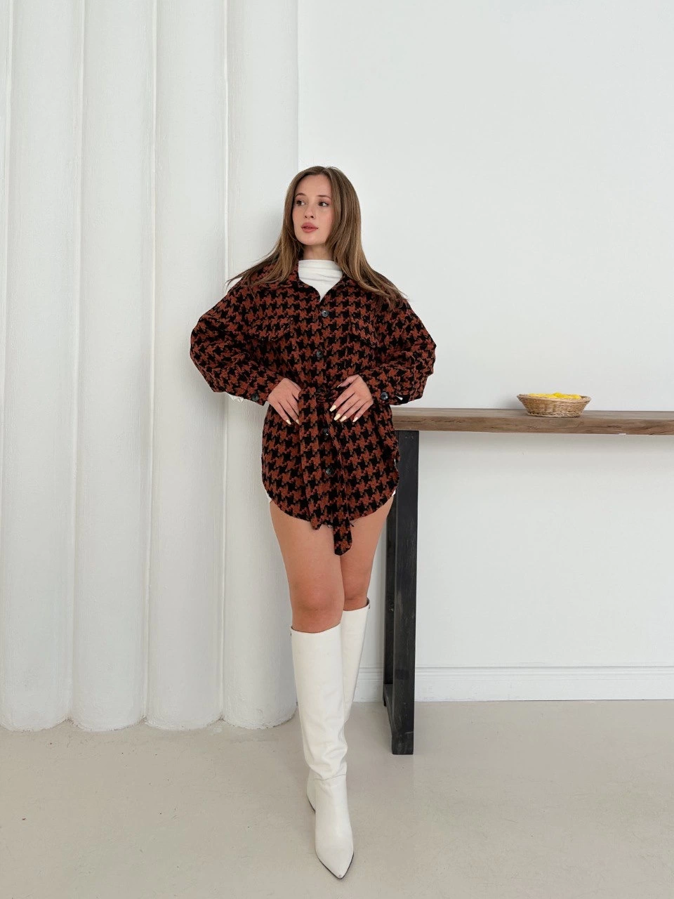 Uzun Kaşe Gömlek Kahve Siyah