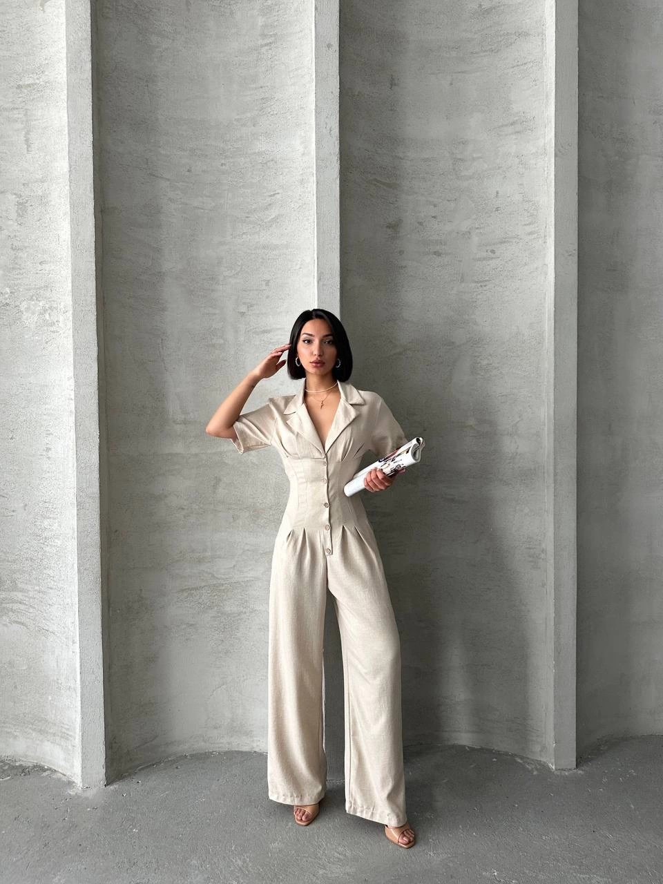 Long Linen Jumpsuit Beige