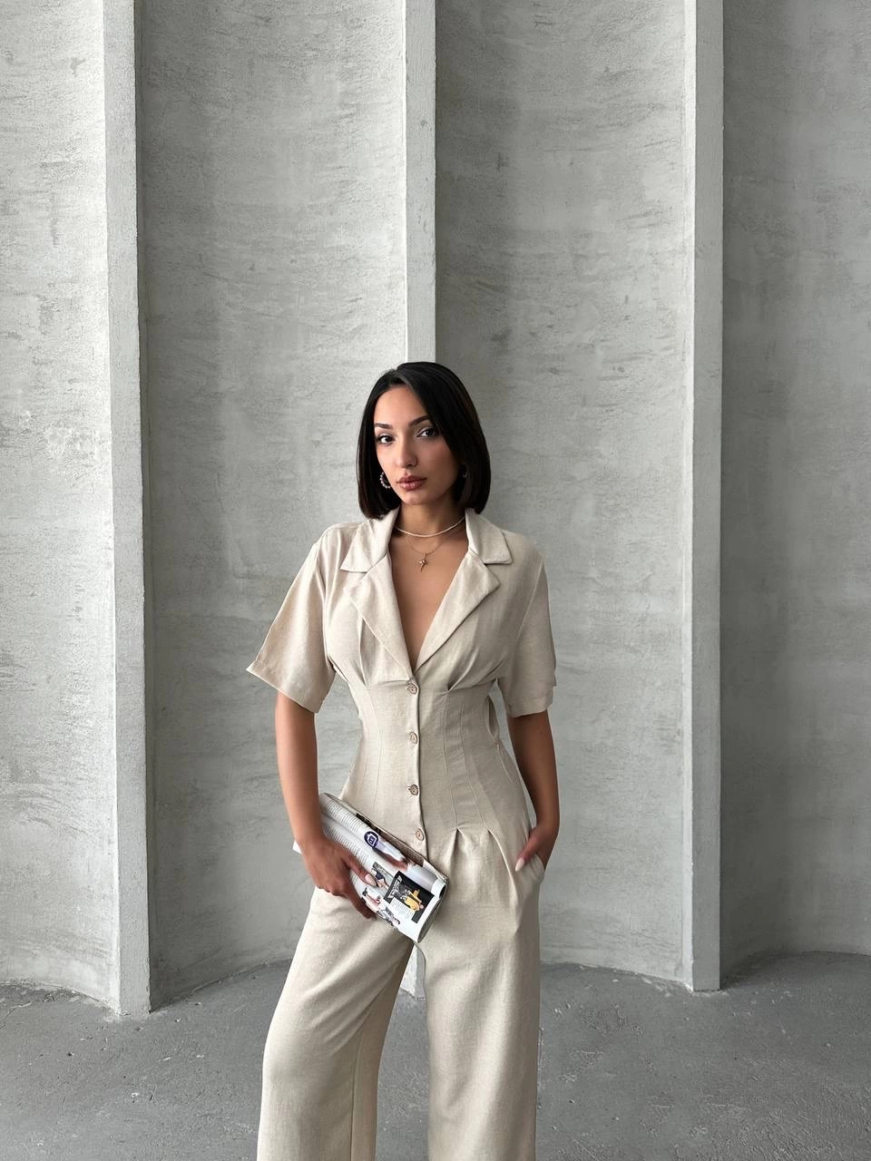 Long Linen Jumpsuit Beige