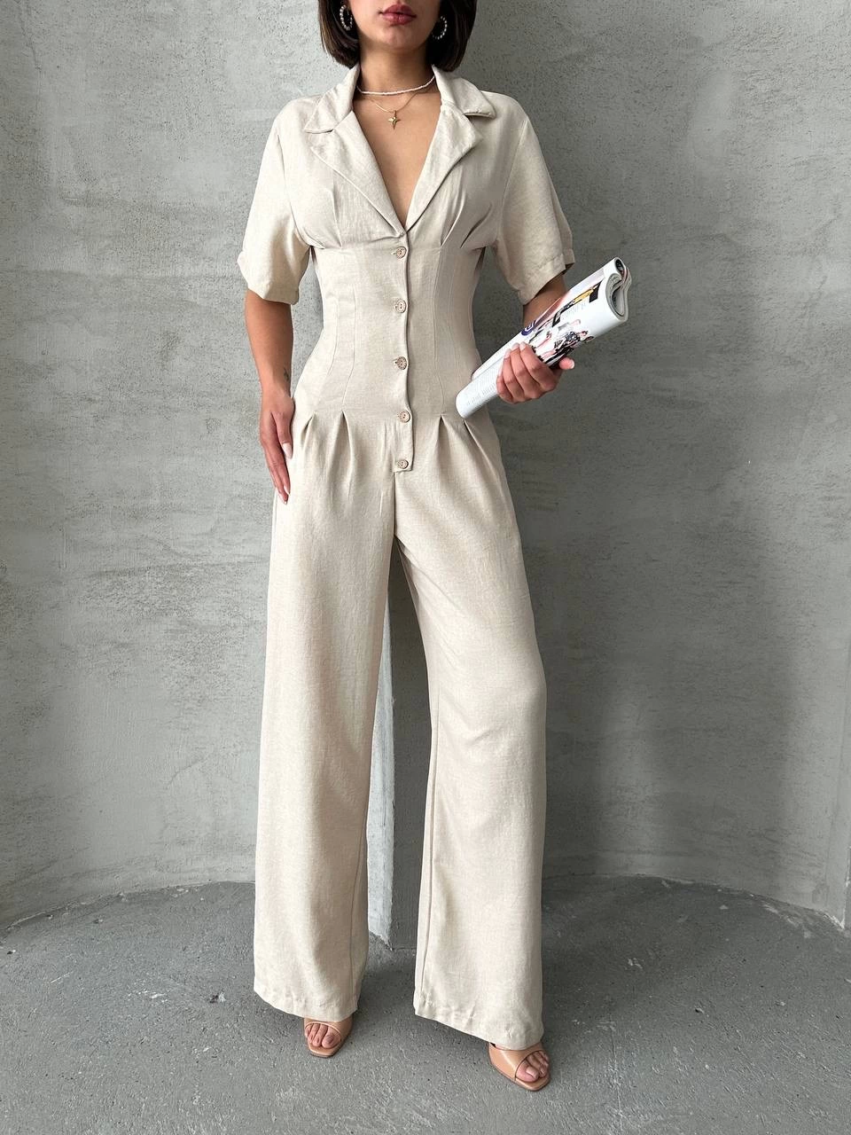 Long Linen Jumpsuit Beige