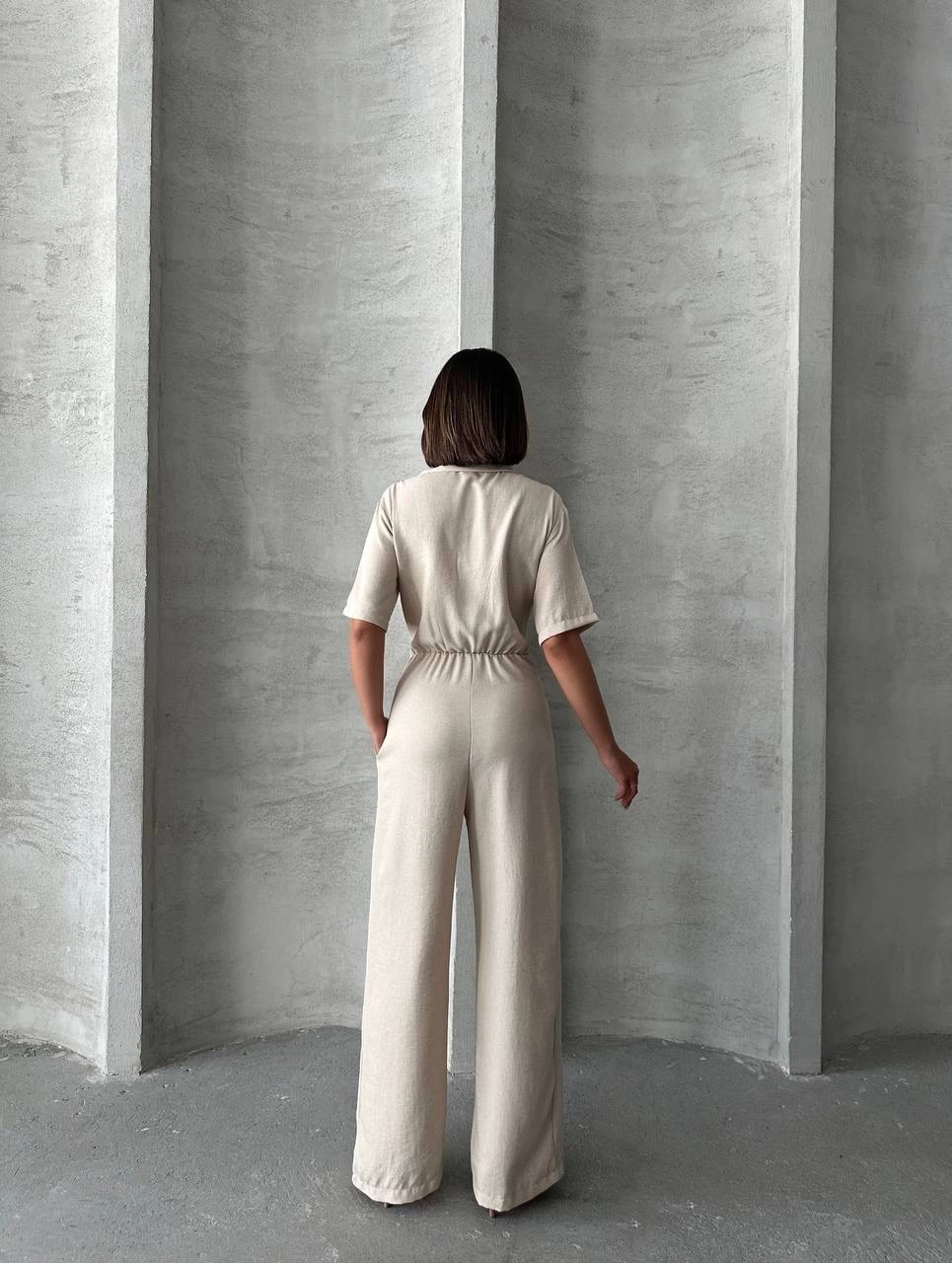 Long Linen Jumpsuit Beige