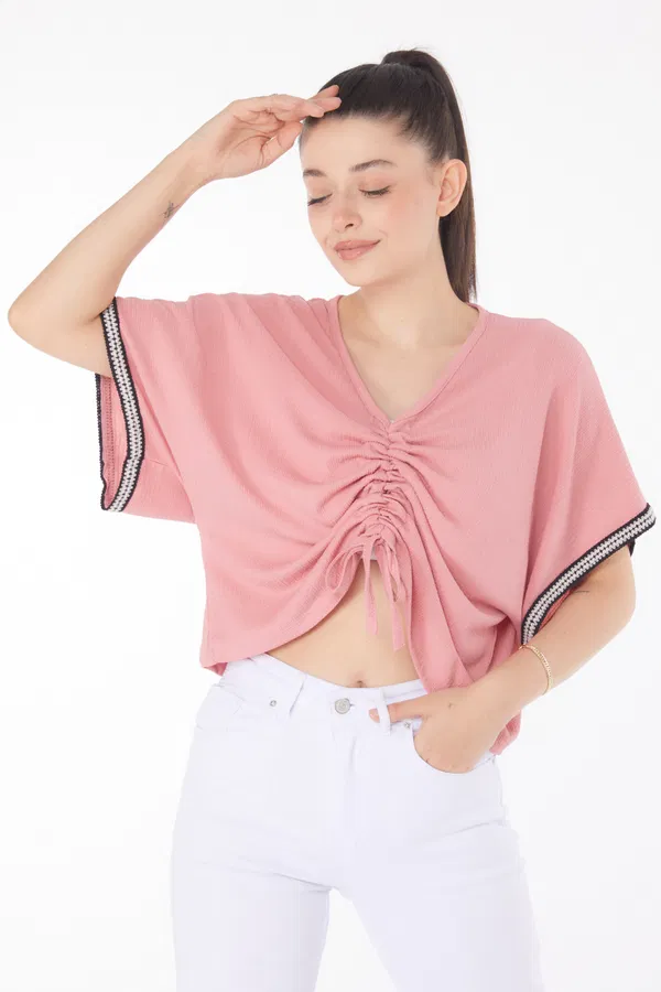 V Yaka Büzgülü Detaylı Bluz Pembe