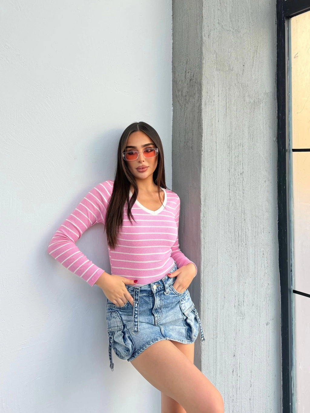 V Yaka Çizgili Bluz Pembe