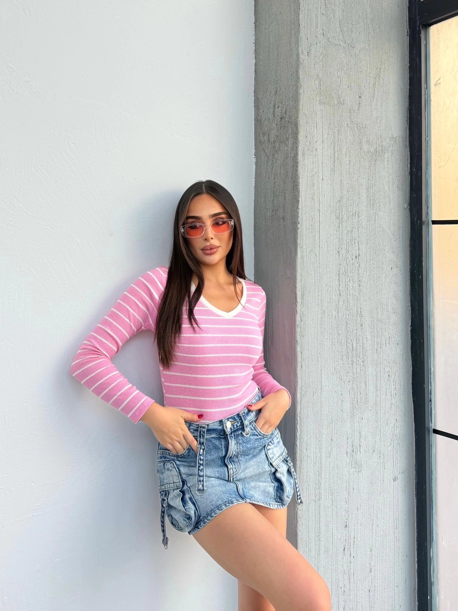 V Yaka Çizgili Bluz Pembe