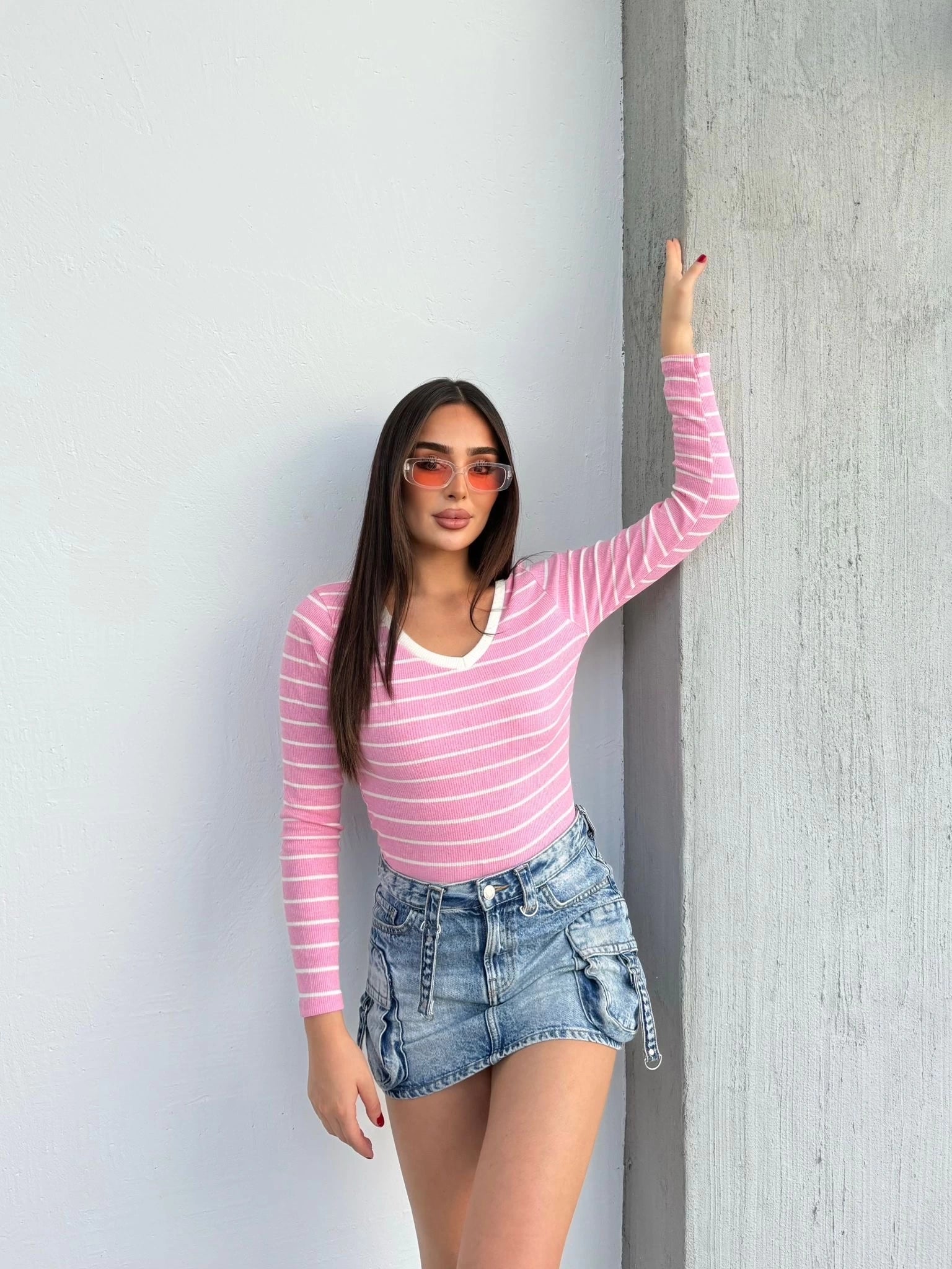 V Yaka Çizgili Bluz Pembe