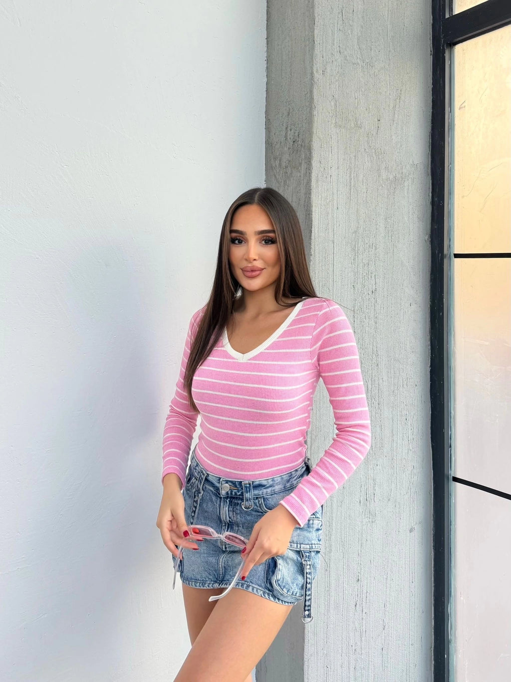 V Yaka Çizgili Bluz Pembe