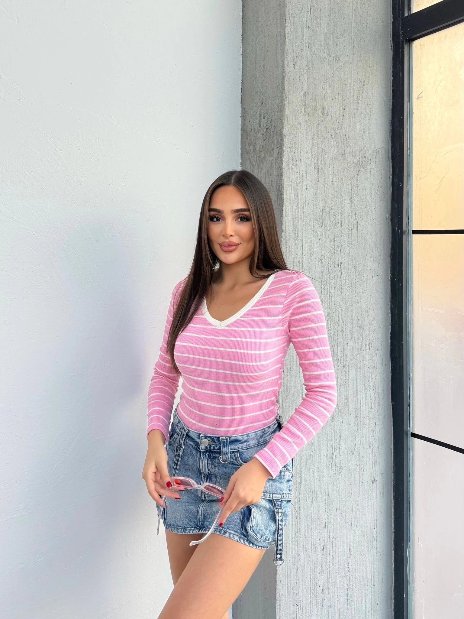V Yaka Çizgili Bluz Pembe