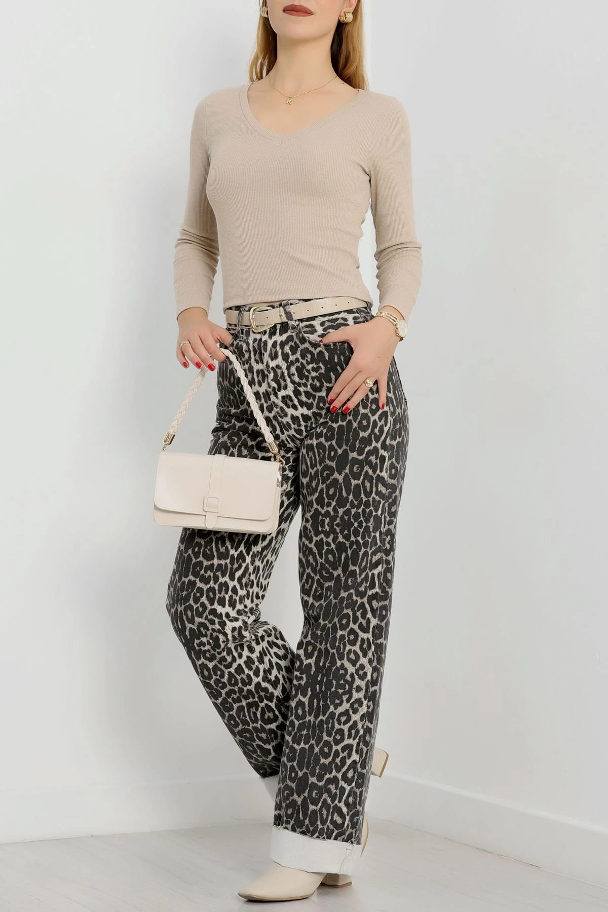 V Yaka Basic Kaşkorse Bej Bluz