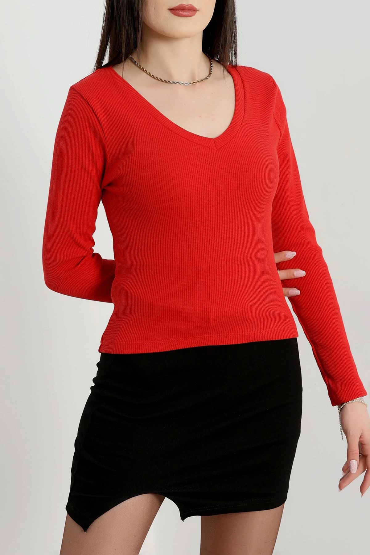 V Yaka Basic Kaşkorse Kırmızı Bluz