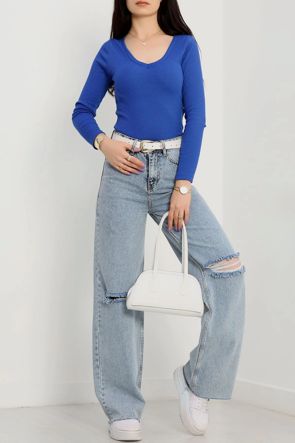 V Yaka Basic Kaşkorse Mavi Bluz