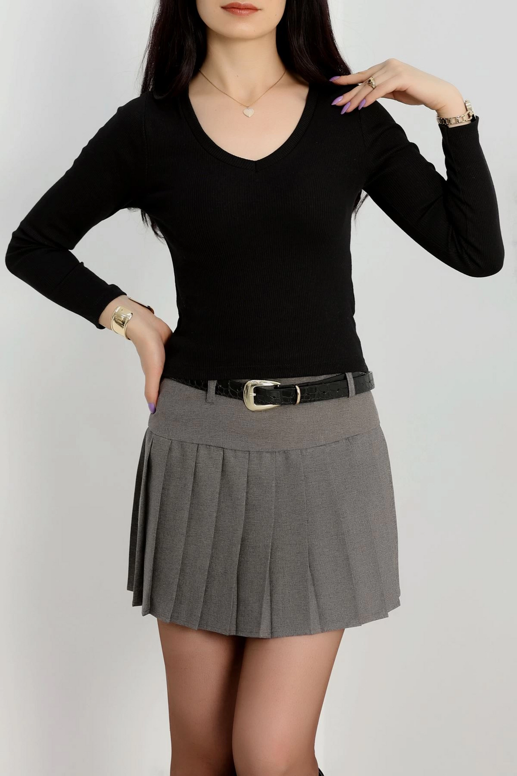 V Yaka Basic Kaşkorse Siyah Bluz