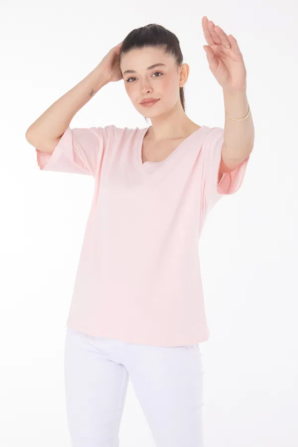 V Yaka Rahat T-Shirt Pembe