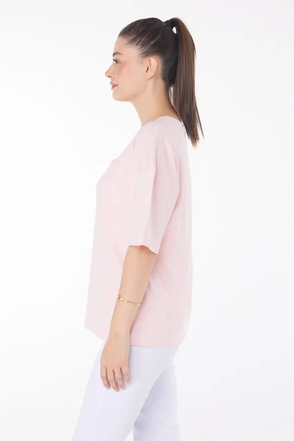 V Yaka Rahat T-Shirt Pembe