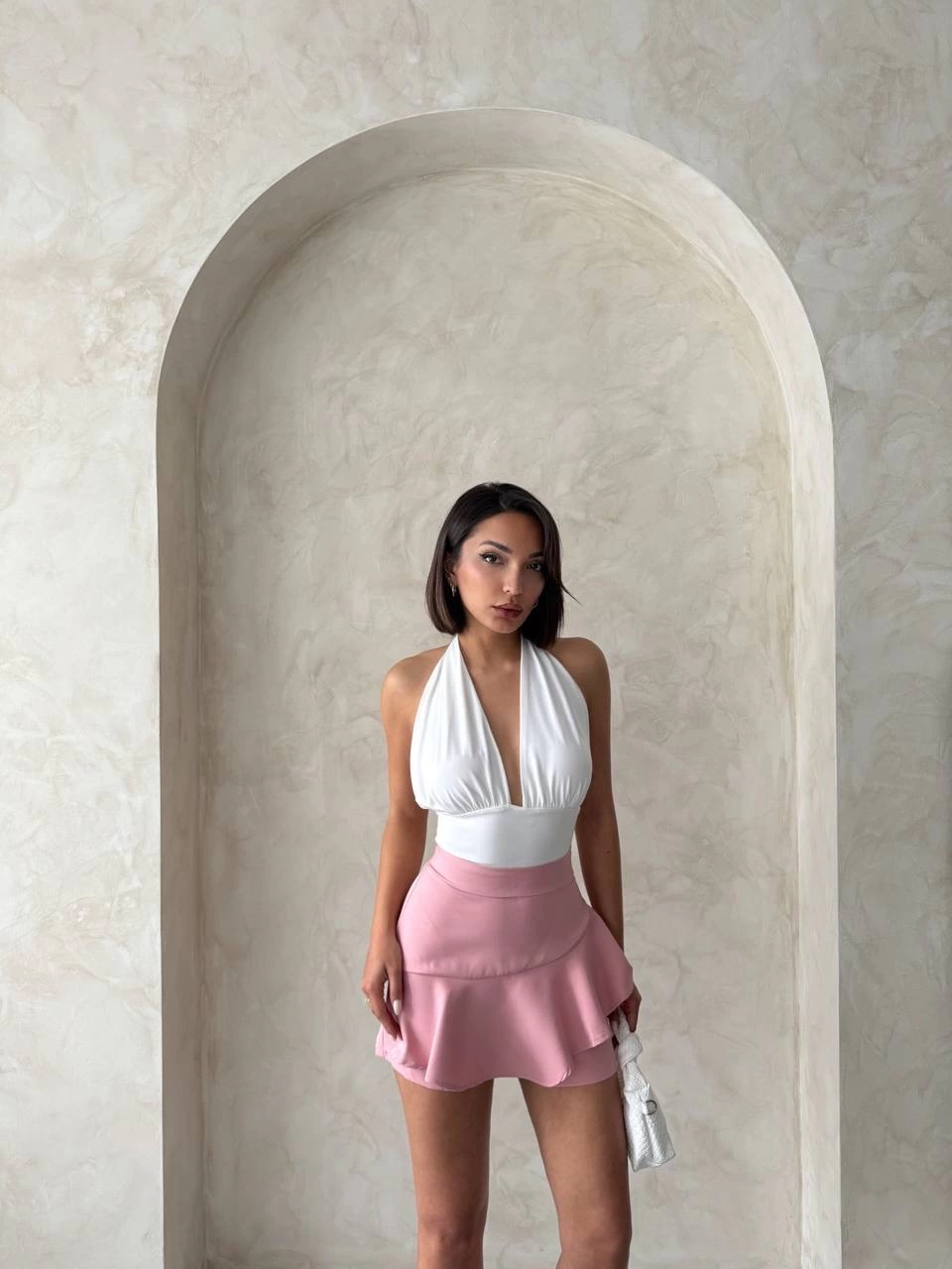 Valonlu Fırfırlı Mini Şort Etek Pembe