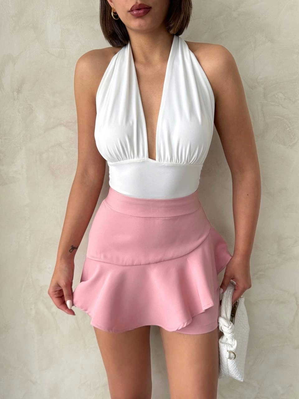 Valonlu Fırfırlı Mini Şort Etek Pembe