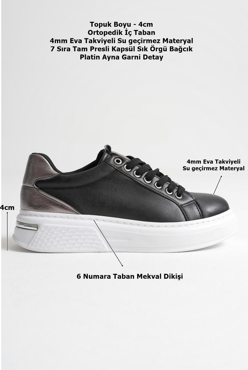 Vega Premium Platin Detaylı Siyah Kadın Sneaker