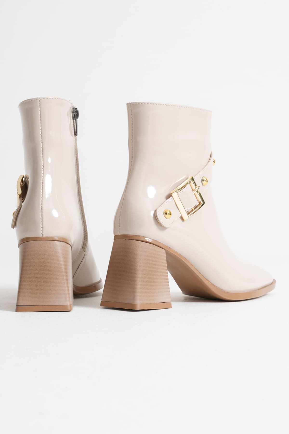 Limanu Premium Women's Beige Patent Leather Heeled Boots