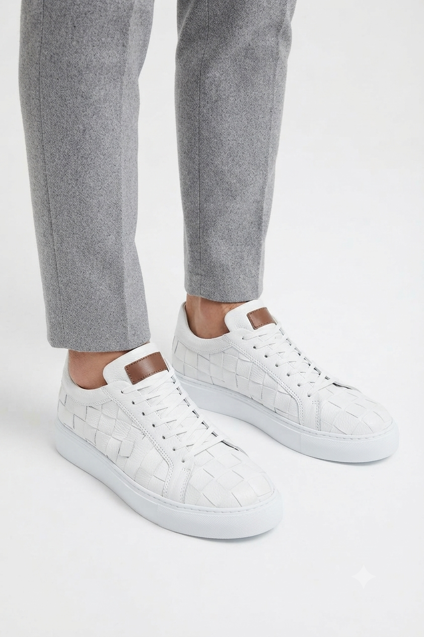 Vimini Yüksek Kalite Bağcıklı Kalın Taban Günlük Erkek Sneaker Beyaz