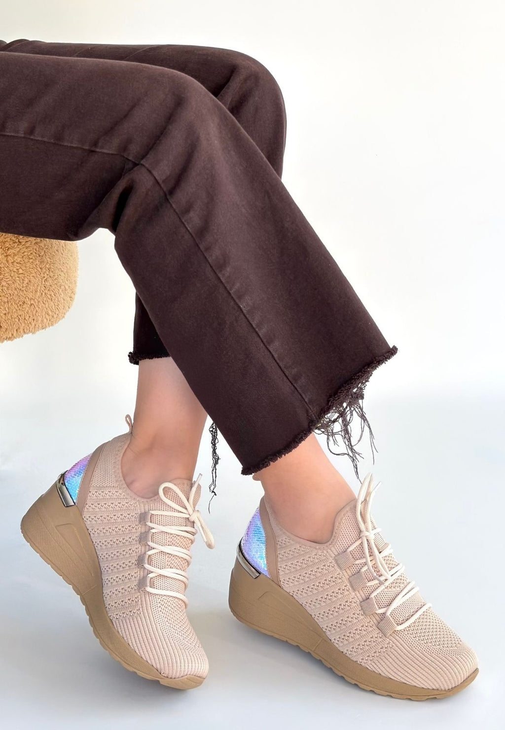 Weor Premium Bej Triko Bağcıklı Kadın Dolgu Topuklu Sneaker