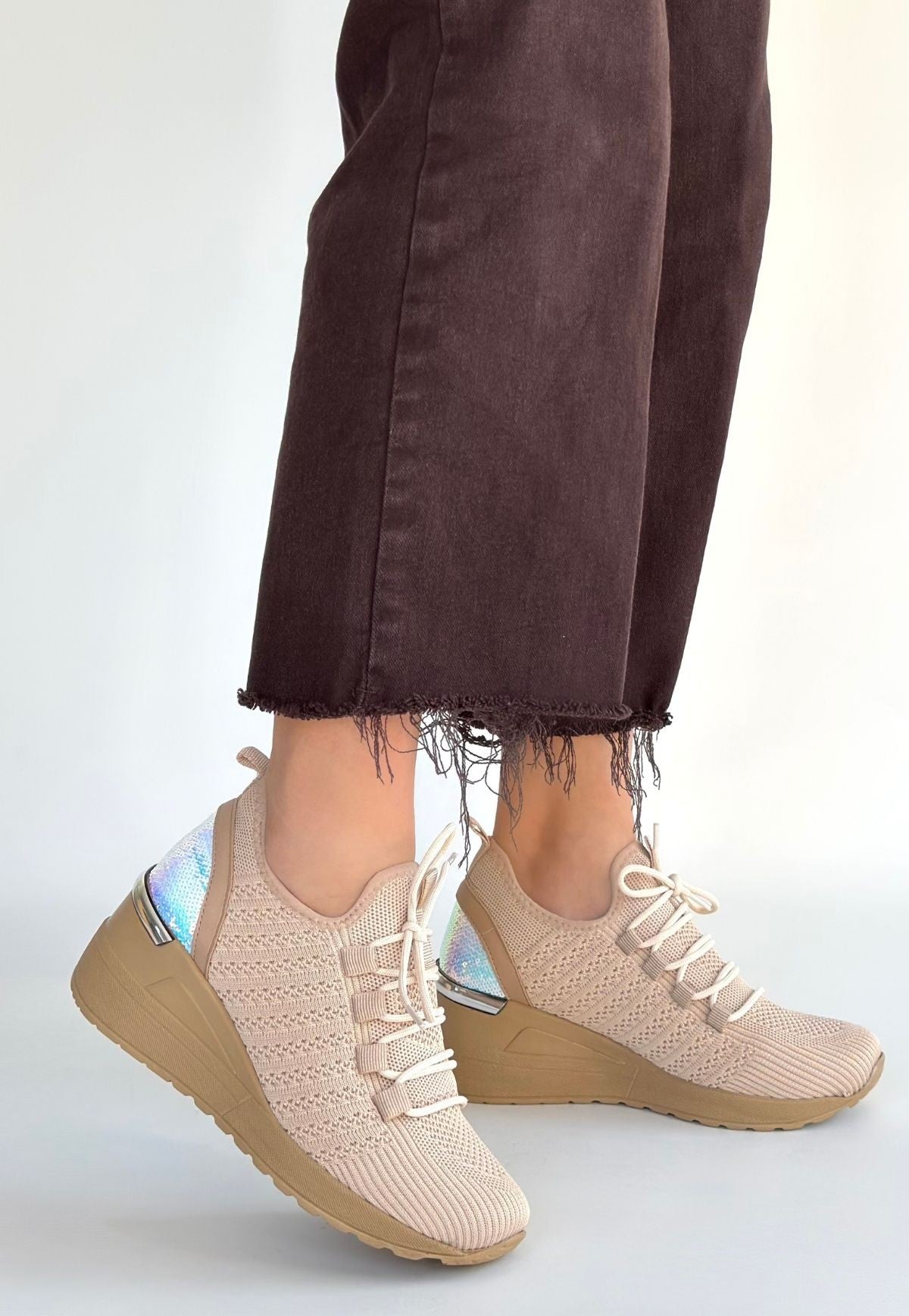 Weor Premium Bej Triko Bağcıklı Kadın Dolgu Topuklu Sneaker