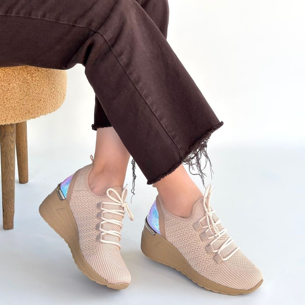 Weor Premium Bej Triko Bağcıklı Kadın Dolgu Topuklu Sneaker
