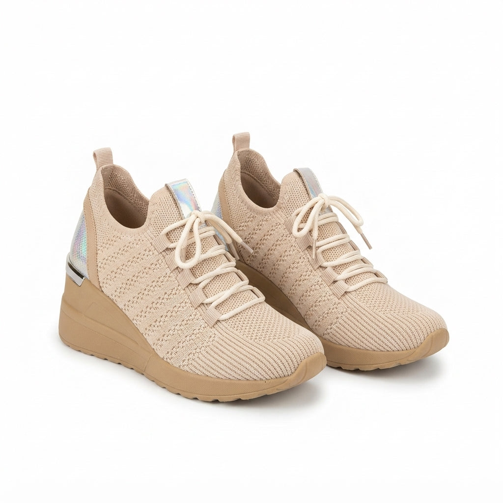 Weor Premium Bej Triko Bağcıklı Kadın Dolgu Topuklu Sneaker