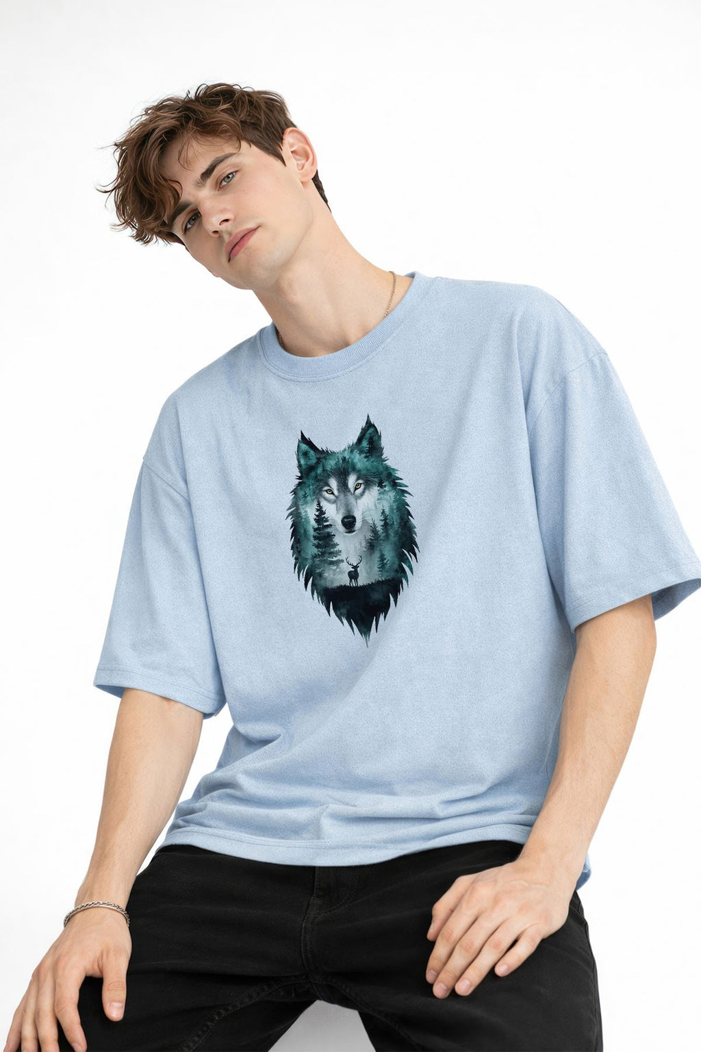 Wolf - 1. Sınıf Pamuklu Bisiklet Yaka Kısa Kollu Oversize Erkek Tişört Bebe Mavisi