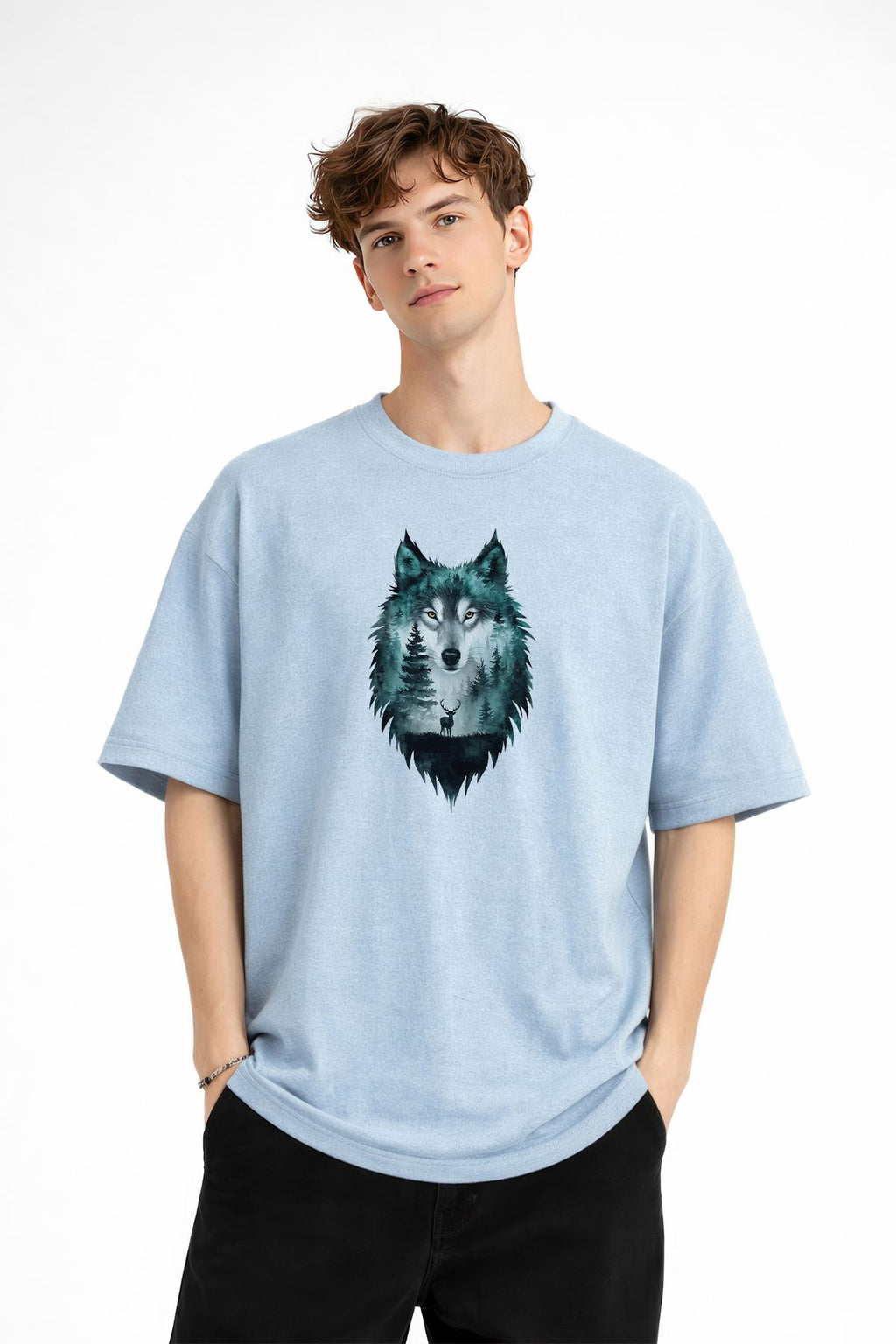 Wolf - 1. Sınıf Pamuklu Bisiklet Yaka Kısa Kollu Oversize Erkek Tişört Bebe Mavisi
