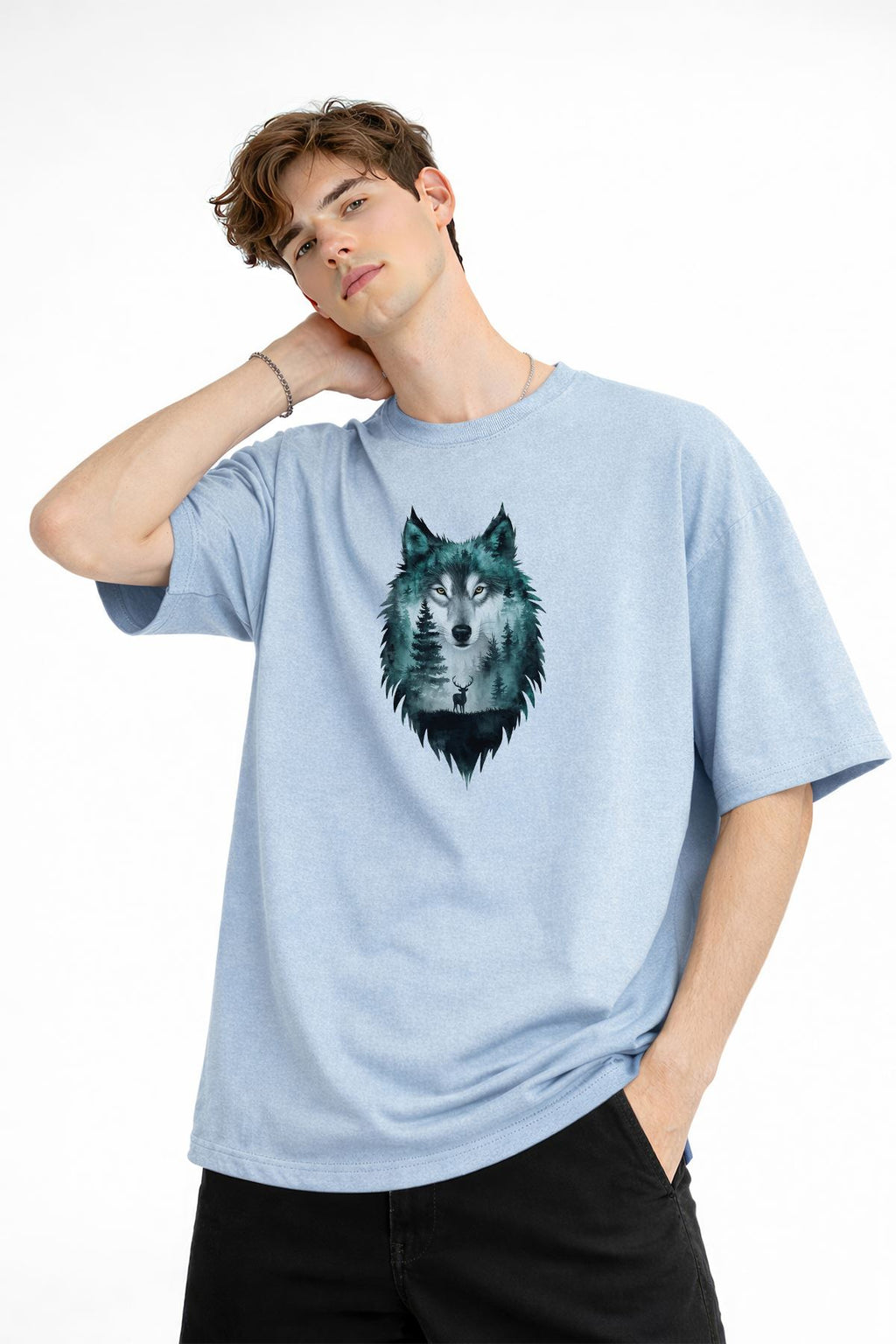 Wolf - 1. Sınıf Pamuklu Bisiklet Yaka Kısa Kollu Oversize Erkek Tişört Bebe Mavisi