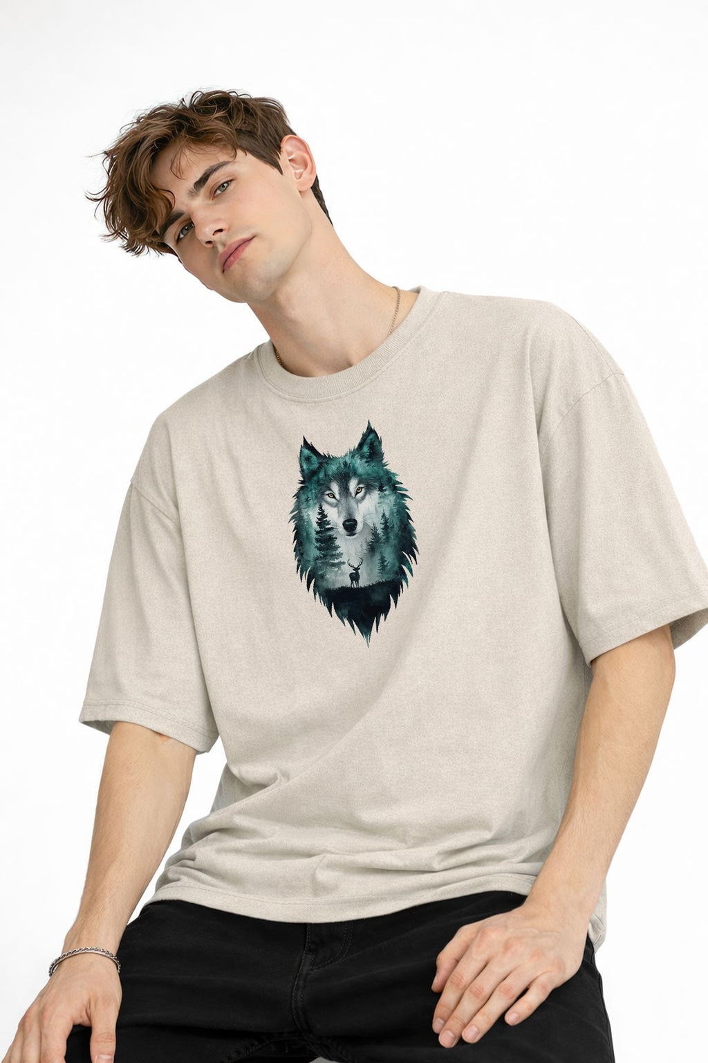 Wolf - 1. Sınıf Pamuklu Bisiklet Yaka Kısa Kollu Oversize Erkek Tişört Bej