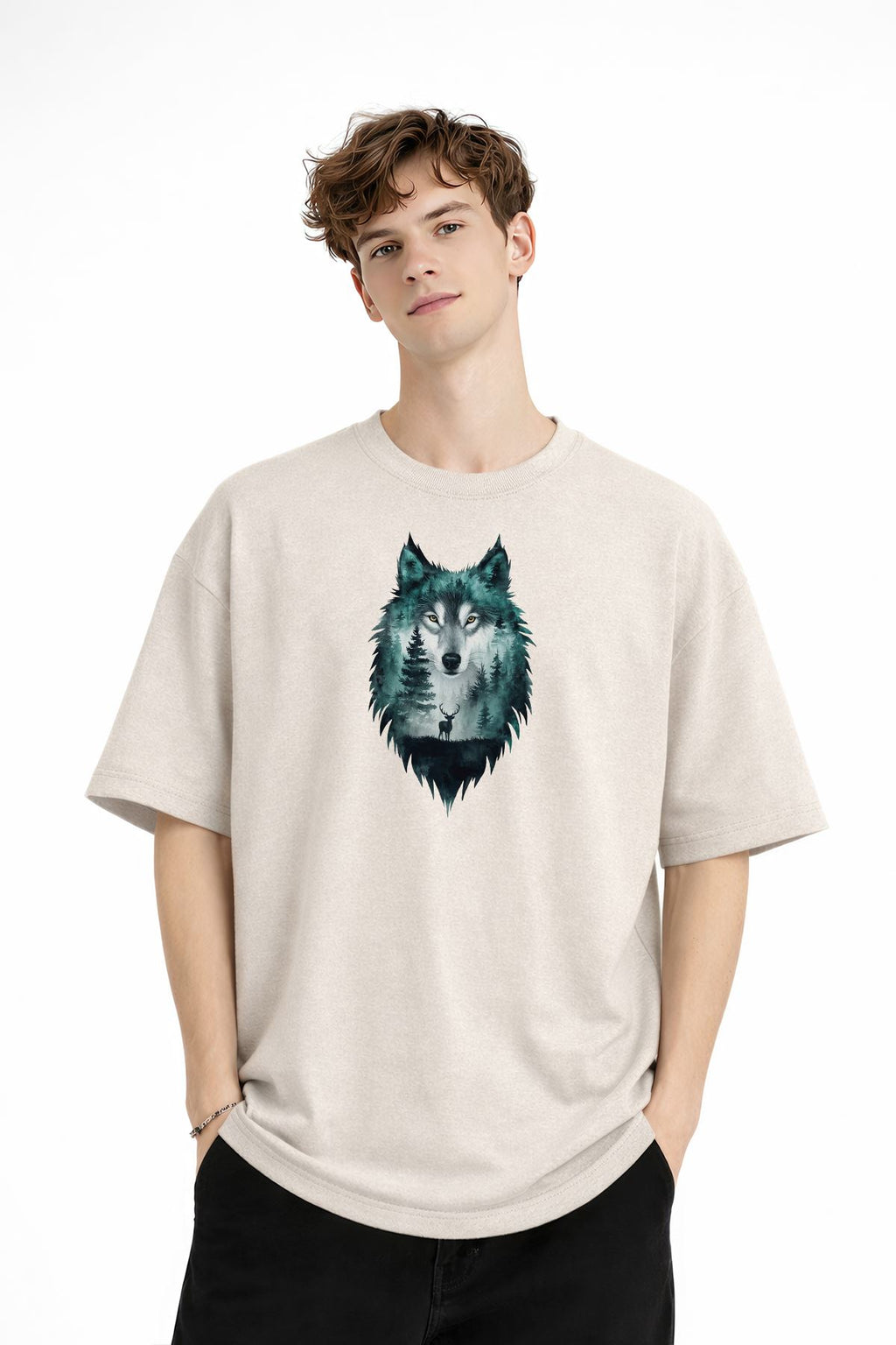 Wolf - 1. Sınıf Pamuklu Bisiklet Yaka Kısa Kollu Oversize Erkek Tişört Bej